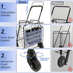 Goplus Folding Shopping Utility Cart, Double Basket and 360° Swivel Wheels, Adjustable Handle, Small Cart Perfect for Grocery Laundry Book Luggage Travel