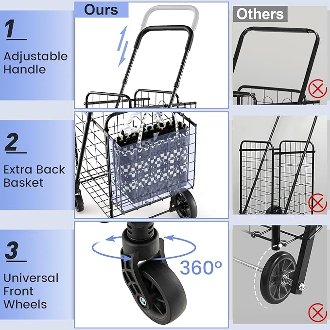 Goplus Folding Shopping Utility Cart, Double Basket and 360° Swivel Wheels, Adjustable Handle, Small Cart Perfect for Grocery Laundry Book Luggage Travel