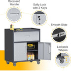 Metal Storage Cabinet with Wheels, Rolling Tool Chest with Adjustable Shelf & Handle, Lockable Garage Cabinet with 1 Drawer and 2 Doors, Mobile Steel Locker for Office, Workshop, Black&Grey