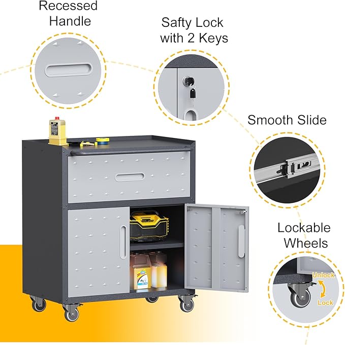 Metal Storage Cabinet with Wheels, Rolling Tool Chest with Adjustable Shelf & Handle, Lockable Garage Cabinet with 1 Drawer and 2 Doors, Mobile Steel Locker for Office, Workshop, Black&Grey