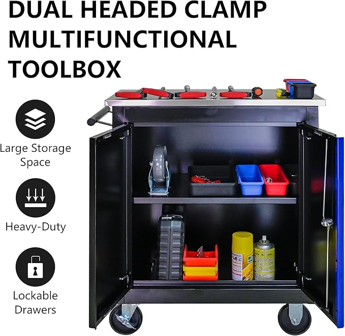 Double-Door Heavy-Duty Rolling Steel Tool Cart with Handle&Wheels, Metal Storage Organizer Cabinet, Tool Chest for Efficient Tool Storage in Garage, Warehouse, Workshop, Repair Shop, Blue