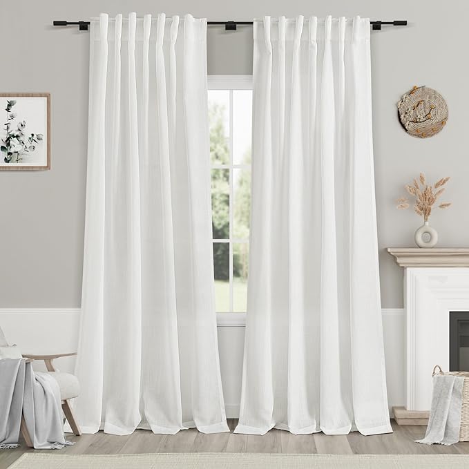 Nanspring White Linen Curtains 91 Inches Long for Living Room Extra Long Back Tab Curtains Farmhouse Light Filtering Semi Sheer Linen Drapes Ceiling to Floor for Large Window 2 Panels Set 52x91