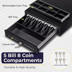 Volcora 16" Push Open Cash Register Drawer for Point of Sale (POS) System, Partial Removable Black Heavy Duty Till with 5 Bills/8 Coin Slots, Key Lock and Double Media Slots