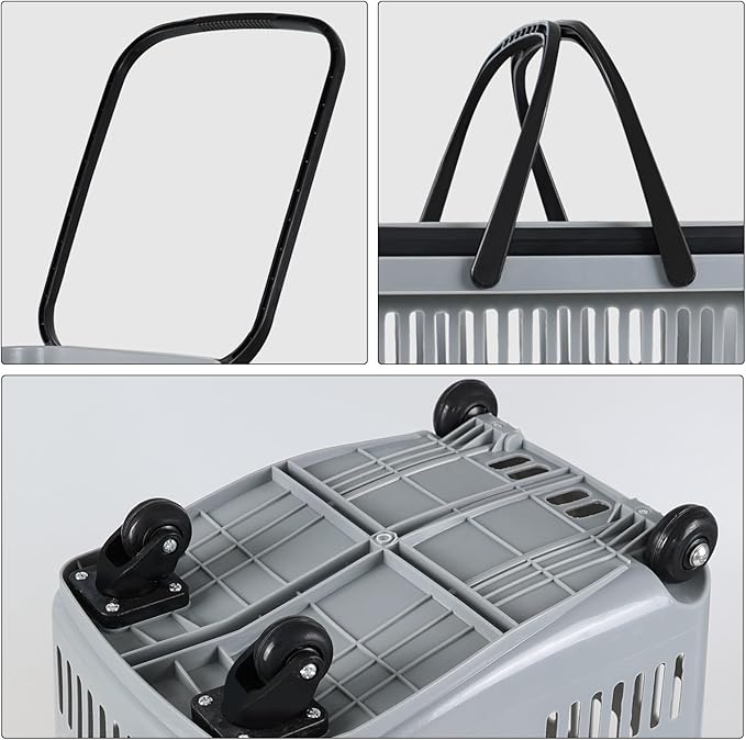 Sandmovie 50 L Large Rolling Shopping Basket, 4 Pcs Plastic Shopping Baskets with Wheels, Portable Basket for Supermarket, Retail (Grey)