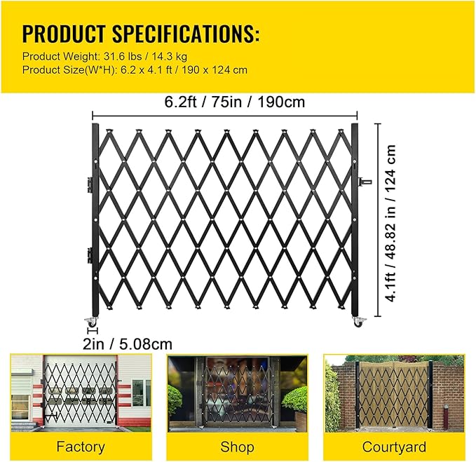 VEVOR Single Folding Security Gate Folding Door Gate 75" W x 51.57" H Scissor Gate
