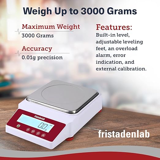Fristaden Lab Digital Balance - USA Company - 3000g Capacity with Genuine 0.01g Precision, Analytical Scale Ideal for Scientific Research, Home Labs & Academic Use