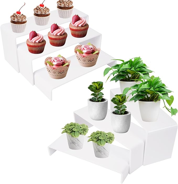 Acrylic Display Risers 2 Sets 3 Tier Cupcake Stand for Dessert Jewelry Pop Figures Shelves Retail Shoe Showcase (White)