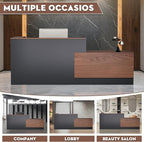 L-Shaped Modern Reception Desk with Counter & Storage - 84" Large Office Front Desk, Salon Checkout Counter with Lockable Cabinets, Shelves (Brown & Black, Left - 84''L x 34''W x 41''H)