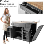 43.3" Rolling Kitchen Island Cart with Drop Leaf & Storage - Mobile Kitchen Organizer with Wheels, Rubberwood Top, Trash Bin Cabinet & Towel Rack, Farmhouse Style for Small Spaces Grey