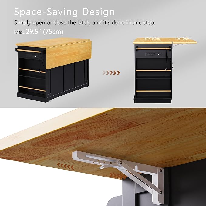 Yayzy Rolling Kitchen Island with Drop Leaf & Storage, Mobile Kitchen Cart on Wheels with 5 Open Shelves, Towel Rack & Power Outlet for Kitchen and Dining Room, Black, 53-Inch