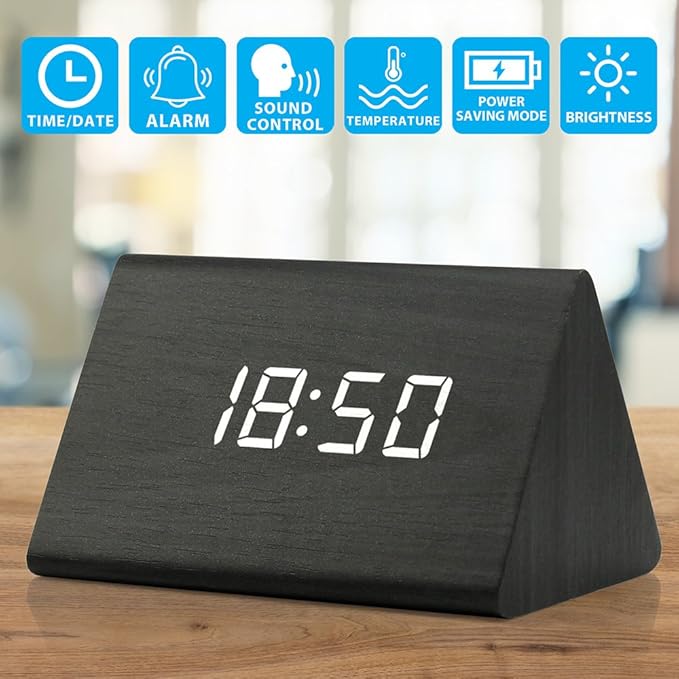 GEARONIC Digital Alarm Clock Wooden Alarm Clock Wood Modern Triangle Alarm Digital Desk Clock, Displays Time Date Temperature Calendar Wood Made Electric Clocks for Bedroom, Bedside - Black