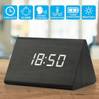 GEARONIC Digital Alarm Clock Wooden Alarm Clock Wood Modern Triangle Alarm Digital Desk Clock, Displays Time Date Temperature Calendar Wood Made Electric Clocks for Bedroom, Bedside - Black