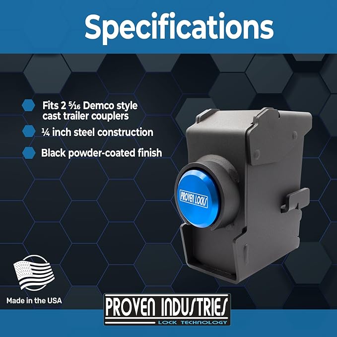 Proven Industries 2517-D1 Trailer Lock – Fits 2 5/16-Inch Demco Cast Couplers, Heavy-Duty Security, Unique Key Design, Made in USA, Blue