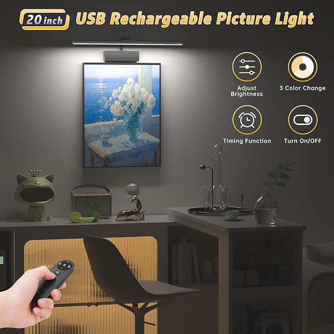Lightbiz Picture Light, 20inch 6000mAh Rechargeable Picture Lights for Wall Battery Operated Wall Lights with Remote, 3 Colors Paintings Light Dimmable Art Light for Artwork, Gallery (Black)