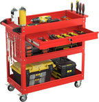 3 Tier Rolling Tool Cart with Drawers, Heavy Duty Utility Cart on Wheels, Large Storage Capability Service Cart for Garage, Warehouse and Repair Shop (Red)
