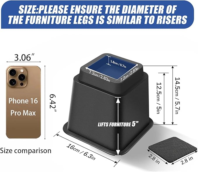 Bed Riser/Furniture Lift Bed/Bed risers/Furniture Lifter/Table risers/Frame Risers Create Under Bed Storage Heavy Duty for Furniture Height Adjustment (Black 4 Pack, 5 Inch)