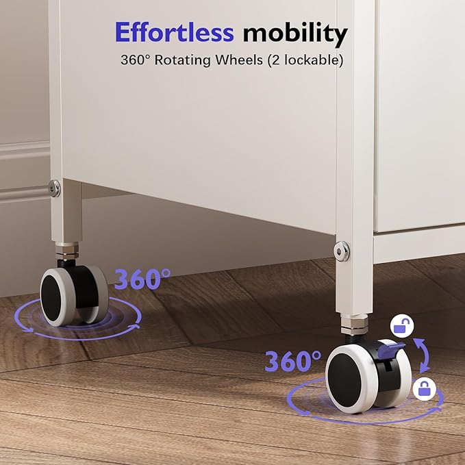 TOOLF 2-Drawer Mobile File Cabinet with Wheels, MDF Wooden Panel Printer Stand with Adjustable Shelves, 2 Storage Bins & 4 Hooks, Home Office Organization, White