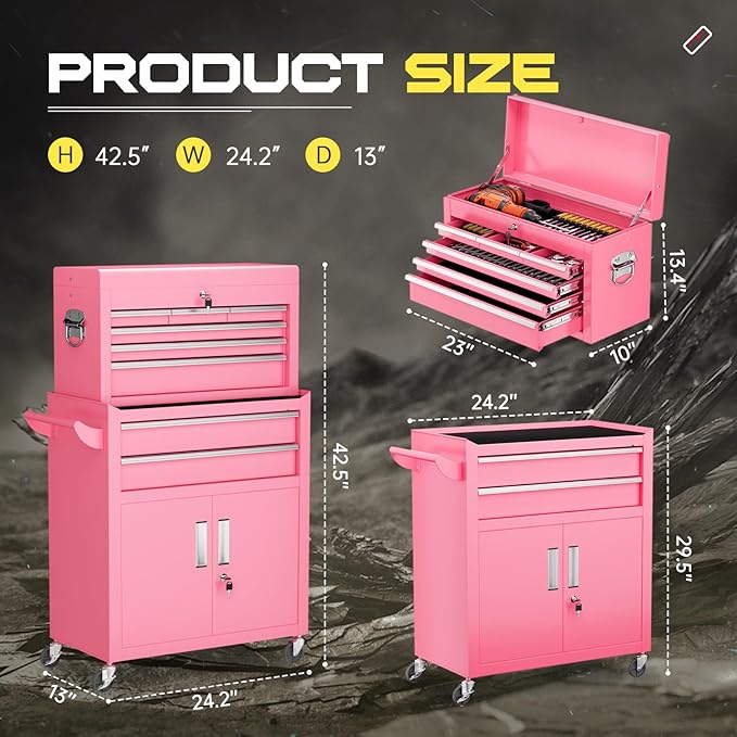 8-Drawer Rolling Tool Chest with Lock, Detachable Tool Cabinet Cart with Wheels, High-Capacity Mechanic Tool Organizer for Garage Workshop Warehouse Storage(Pink)