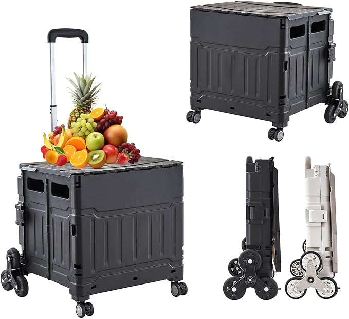 Foldable Utility Cart ，Folding Shopping carts，Collapsible cart with Stair Climbing Wheels, 8 Wheel Shopping cart，Collapsible Rolling Crate with Telescoping Handle (Black, 17.32 * 17.13 * 30.12)