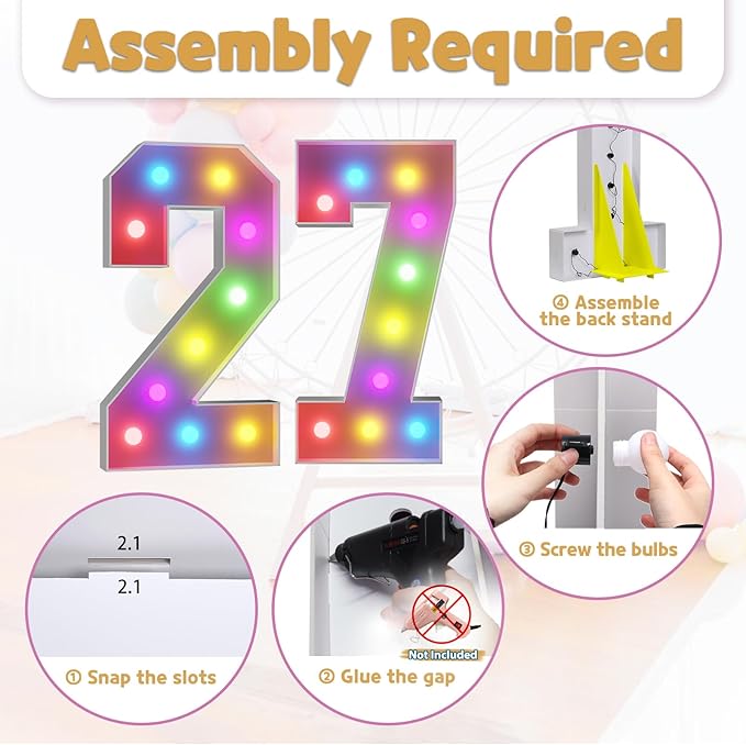 Marquee Numbers Colorful 27th Birthday Decoration: 4FT Large Light Up 27 Year Old Birthday Decorations Anniversary Backdrop Cardboard Sign 18 Colors Number 27 Mosaic Balloon Frame