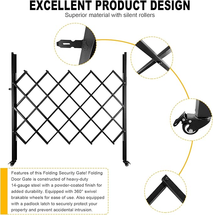 65.35"/W X 59.05" Folding Security Gate,U-Shape Single Folding Door Gate,Flexible Expanding Security Gate with 360° Wheels,Mobile Barricade Safety Barrier