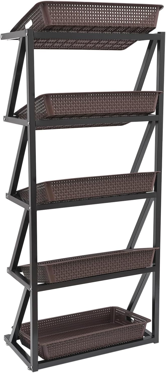 5 Tiers Retail Display Rack, Single Row Commercial Market Shelf Fruit and Vegetable Basket Stand Rack Set Snack Pantry Shelf Unit for Kitchen, Office, Store