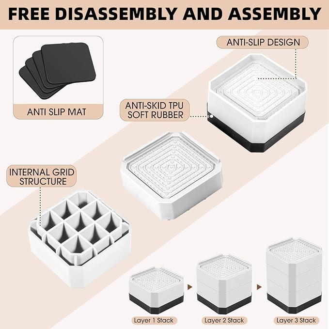 Furniture Risers Bed Risers - Rectangular Adjustable Block Riser for Raising 1.5-3 In. & 4.3 In. Beds, Tables, Sofas, Refrigerators, Washers - Up to 4,000 Pounds (White, One Layers 1.5inches)