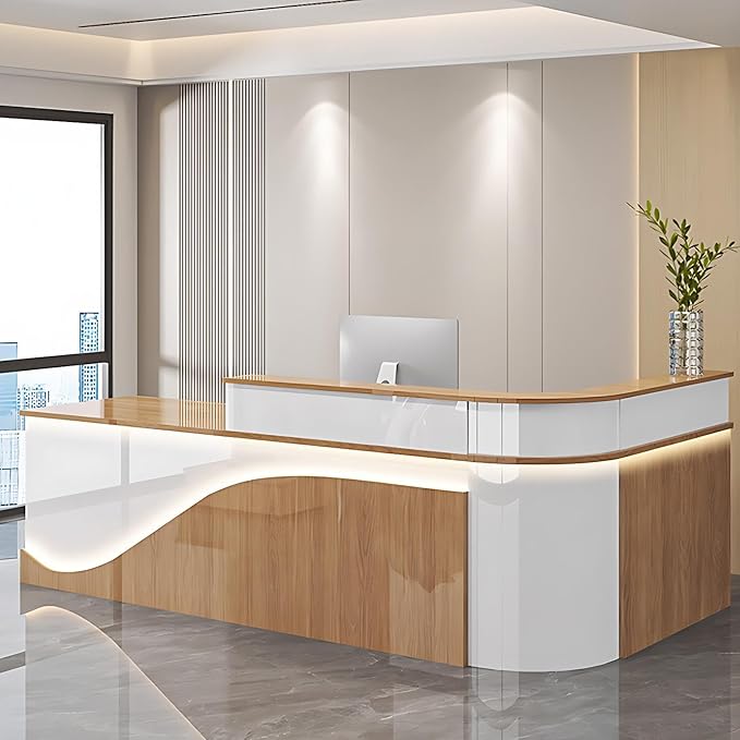 Modern Reception Desk – Front Desk, Reception Counter for Office, Checkout Counter, LED Lighting, Storage, Soft Close Drawers, Custom Logo, Fully Assembled (L,56IN)