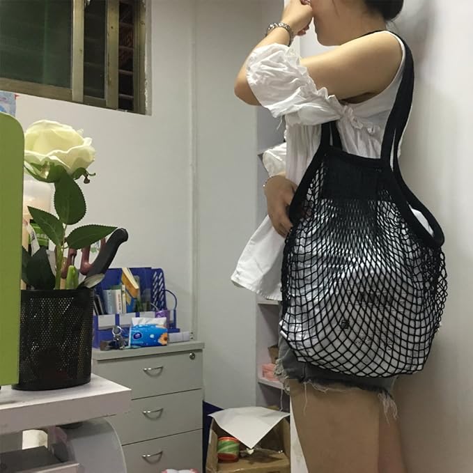 Portable Reusable Mesh Cotton Net String Bag Organizer Shopping Tote Handbag Fruit Storage Shopper NEW (black02)