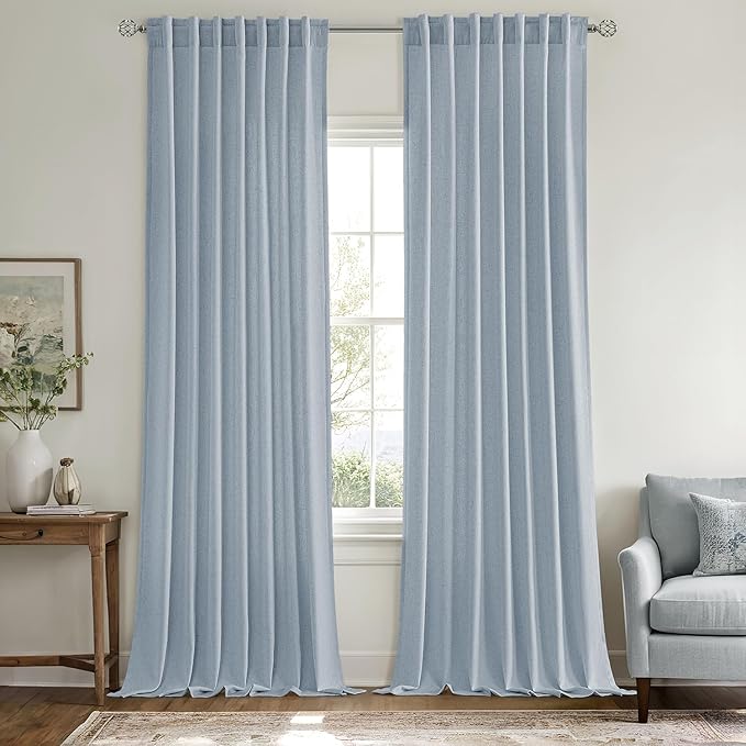 MIULEE Non-See-Through Privacy Linen Curtains 2 Panels, Chambray Blue Light Filtering Window Curtains Farn House Textured Back Tab Semi Sheer Drapes for Bedroom Living Room 96 Inches Long Light Blue