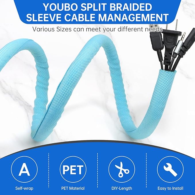 Split Braided Cable Sleeve，Flexible Wire Loom Tubing, Automotive Cord Protector Pet Proof, Cable Management for Computer TV Electric Wires Harness 16ft (Sky Blue, 10mm（3/8")