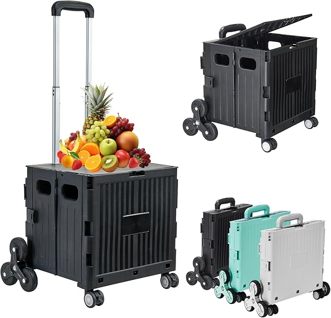 Foldable Utility Cart ，Folding Shopping carts，Collapsible cart with Stair Climbing Wheels, 8 Wheel Shopping cart，Collapsible Rolling Crate with Telescoping Handle (Black, 14.96 * 14.96 * 31.3)