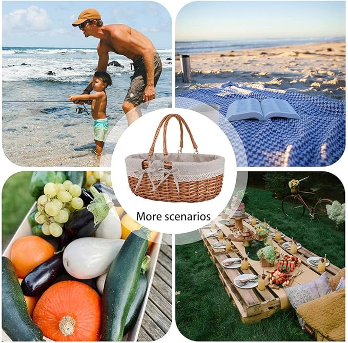 Large Wicker Picnic Basket with Handles,Handle Sturdy Woven Body with Removable and Washable Lining,Outdoor Camping,Gift Packing,Garden Picking, Storage.White Flower