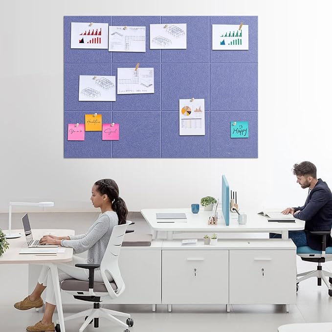 Large Bulletin Board 48" x 36" - 12 Pack Felt Wall Tiles with 60 Pcs Safe Removable Adhesive Tabs & 40 Pcs Pushpins, Cork Board for Office, School & Dart Wall Protector - Purple Blue