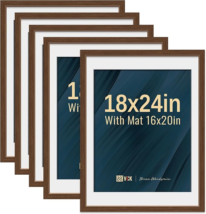VCK 18x24 Poster Frame 5 Pack - Brown, High-End Wood Picture Frames with Polished Plexiglass, Display 16x20 Photo with Mat or 18x24 without Mat, Art Gallery-Quality, Wall Hanging, Brown