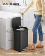 SONGMICS Kitchen Trash Can, 13 Gallon (50 L) Stainless Steel Garbage Can, with Stay-Open Lid and Step-on Pedal, Soft Closure, Tall, Large and Space-Saving, Black ULTB530B50