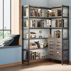 6-Shelf Corner Bookshelf, Vintage Industrial Corner Shelf Etagere Bookcase, Large Book Shelf with Metal Frame Open Storage Corner Cabinet (Black-Lockers)