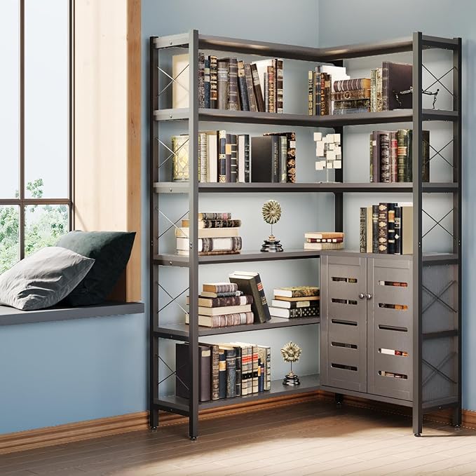 6-Shelf Corner Bookshelf, Vintage Industrial Corner Shelf Etagere Bookcase, Large Book Shelf with Metal Frame Open Storage Corner Cabinet (Black-Lockers)