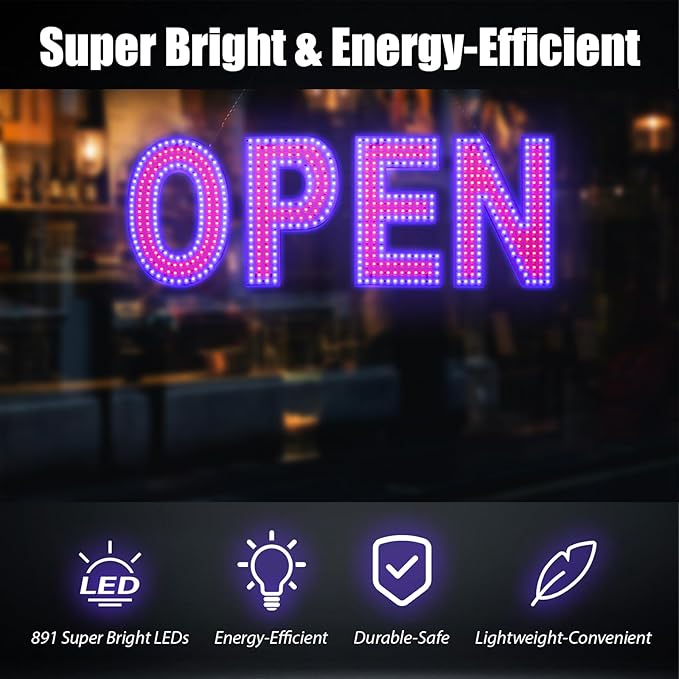 Open Sign for Business, 30"x10" Dimmable Large LED Open Signs with Hanging Installation for Bar Pubs Store Restaurant Office Hotel Salon Red & Blue