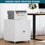 Large Printer Stand with Storage and Lock, 3D Heavy-Duty Printer Cabinet, Printer Table for Home Office with Doors and Adjustable Shelves, for Office Copier and Fax Machine, White