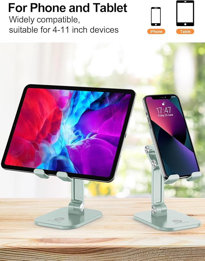 OCYCLONE Phone Stand, Adjustable Height and Angle Foldable Cell Phone Stand Holder for Desk, Taller iPhone Stand Compatible with 4.7"-13" Smartphones iPad Tablet, Light Green