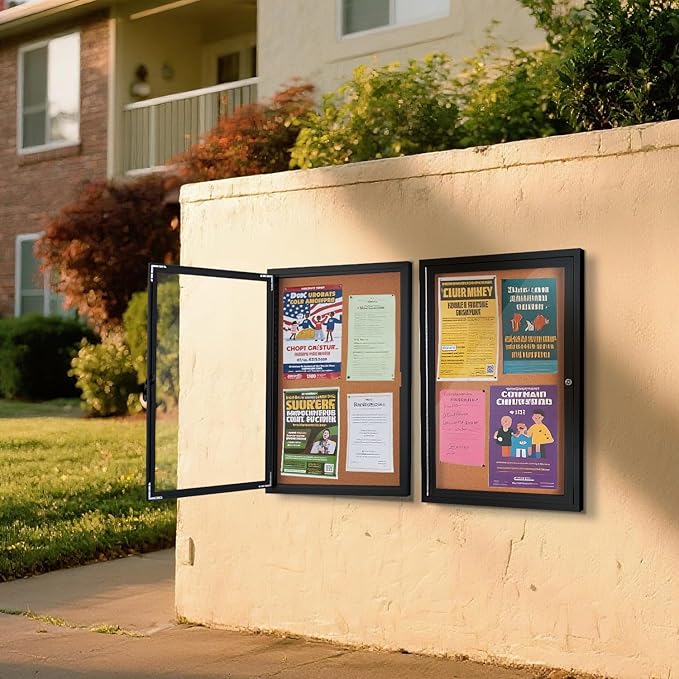Enclosed Cork Bulletin Board 36"x24" Outdoor Weatherproof Cork Noticeboard with Locking Door Wall-Mounted Black Aluminium Frame for Home, School, Office, Community, Hospital