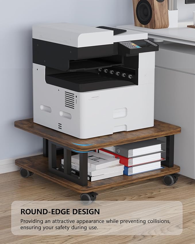 Mobile Printer Stand, 2-Tier Large Printer Shelf for Laser 3D Printer Office Machine with Storage, 23.6"x23.6" Wood Printer Cart Under Desk Rack with Wheels for Office Home Kitchen (Brown)