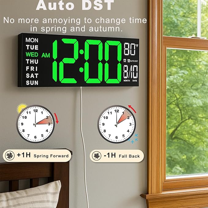 TrophyRak 16" Large Digital Wall Mount Clock, Count Down Timer, Alarm, Big LED, RGB Color, DST, Temperature for Living Room Classroom Desk, Wall, Xmas, Birthday Gift for Senior Mom Dad, Green White