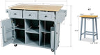 Rolling Kitchen Island with 2 Bar Stools, Drop Leaf, Cabinet Door Storage Racks & 3 Drawers, Mobile Kitchen Cart with Rubberwood Top & Locking Wheels for Dining Room & Kitchen, 53-Inch, Grey Blue