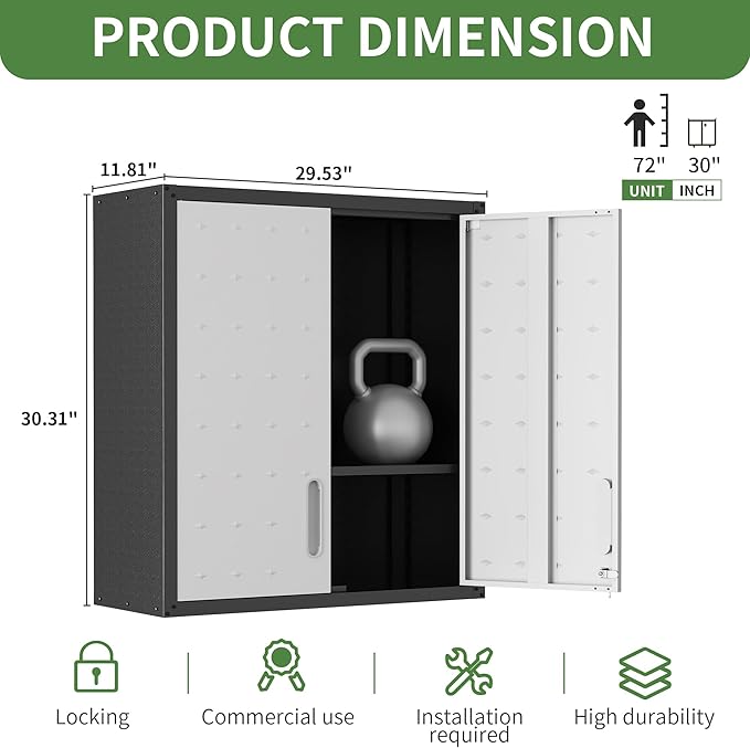 Garage Wall Cabinet Metal Storage Cabinet with Lock Wall Mounted Heavy Duty Steel Tool Cabinet with 2 Doors Hanging Cabinet for Garage Warehouse Bathroom Kitchen,Assembly Required