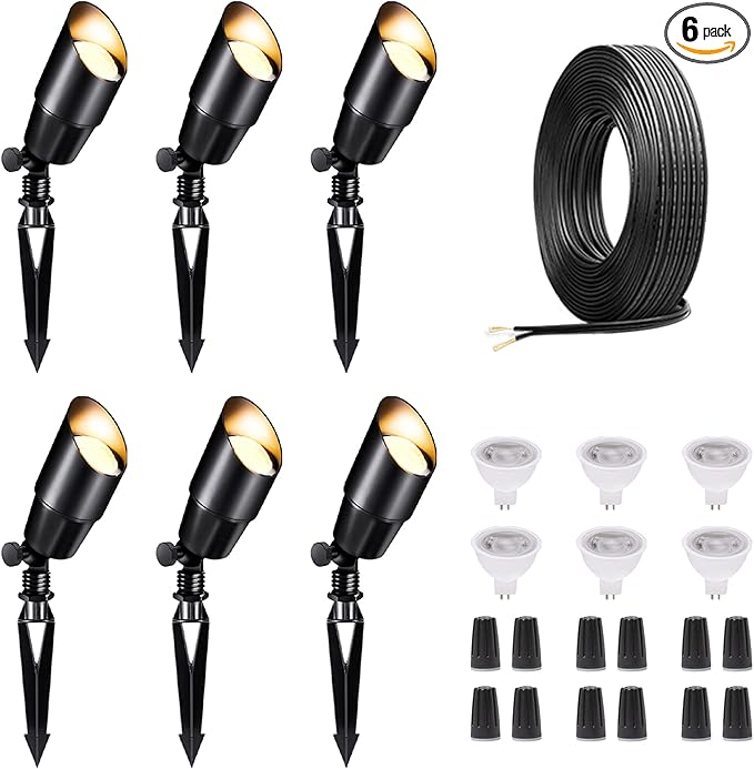 LED Outdoor Spotlights Kit, with 6 Pack Black Low Voltage Waterproof Spot Light and 100FT Cable and 30 Wire Connectors, Aluminum Landscape Lights for Porch Backyard, Without Transformer