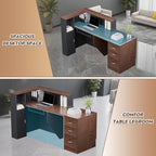 L-Shaped Modern Reception Desk with Counter & Storage - 71" Large Office Front Desk, Salon Checkout Counter with Lockable Cabinets, Shelves(Brown & Black, Right - 71''L x 34''W x 41''H)