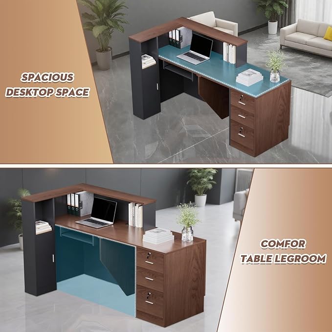 L-Shaped Modern Reception Desk with Counter & Storage - 71" Large Office Front Desk, Salon Checkout Counter with Lockable Cabinets, Shelves(Brown & Black, Right - 71''L x 34''W x 41''H)