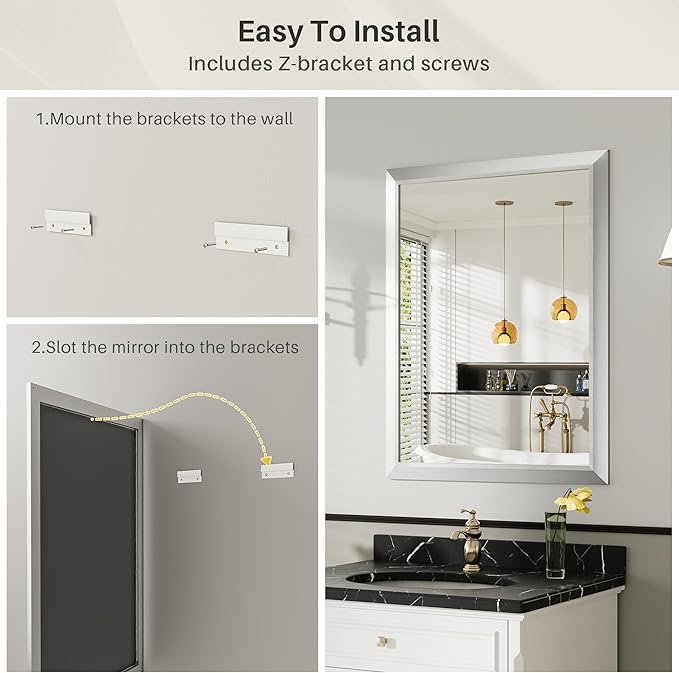 36x32 Inch Brushed Nickel Bathroom Mirror for Wall, Thick Metal Framed Rectangle Mirrors for Over Sink, Bedroom, Living Room, Entryway, Anti-Rust, HD Tempered Glass